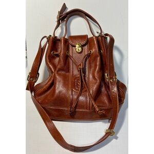 Marino Orlandi cognac drawstring leather crossbody bucket bag made in Italy